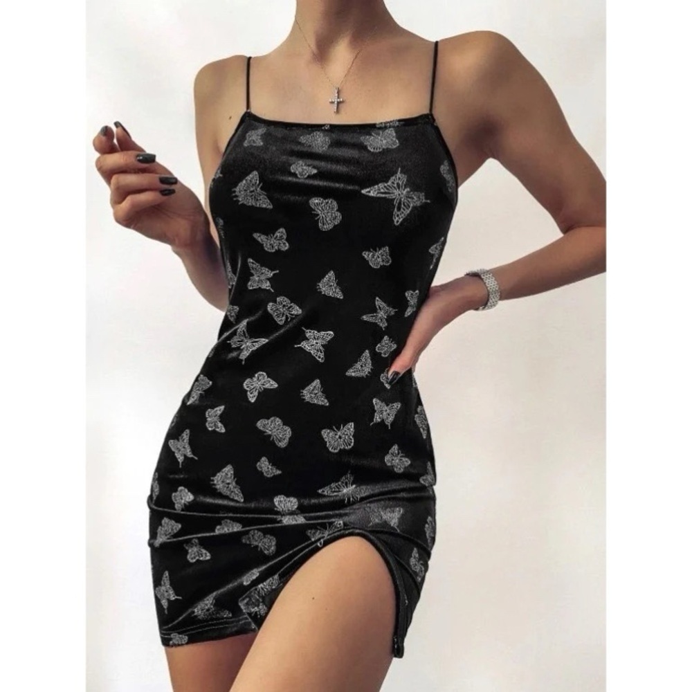 Black Velvet Dress Silver Butterflies Mini Bodycon Whimsigoth Fairy Goth Medium